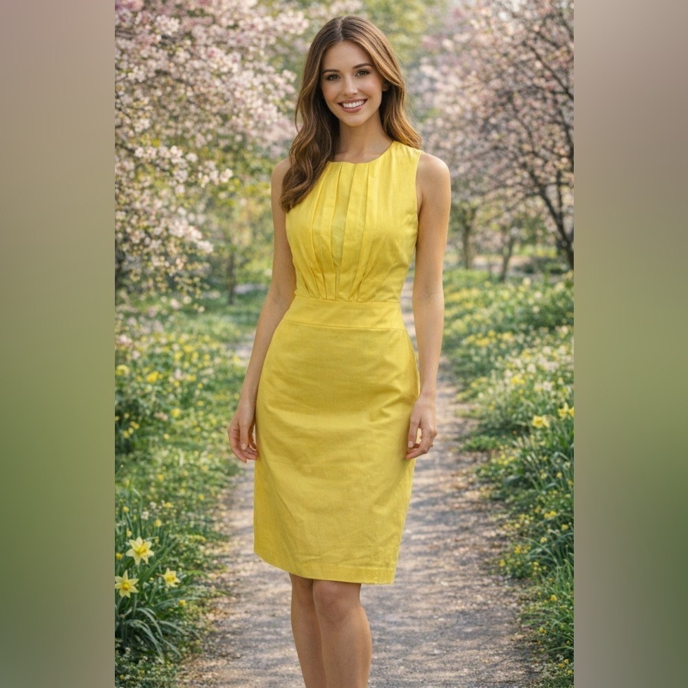 Marvin Richards Dress Sz 4 Sunshine Yellow Midi Sheath Pleats Sleeveless